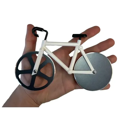 Krájač na pizzu, so stojanom, v tvare bicykla, biela