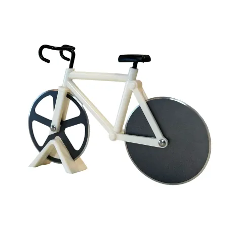 Krájač na pizzu, so stojanom, v tvare bicykla, biela